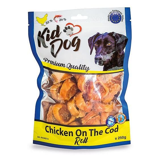 KidDog kuracie mäsko na trescej rolke 250 g – mäsovo-rybia maškrta pre psy