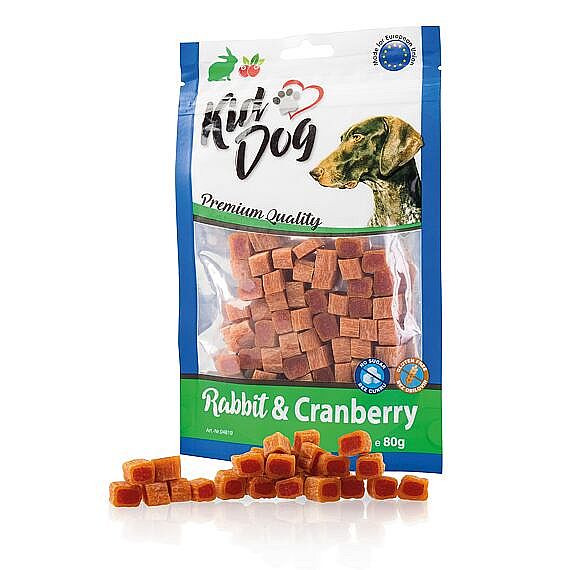 KidDog mini kocky s králikom a brusnicami – tréningová maškrta pre psov 80 g