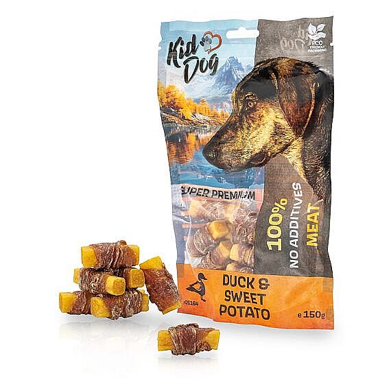 KidDog SUPER PREMIUM kacacie mäso na batatovej tycinke bez aditív – prírodná maškrta 150 g