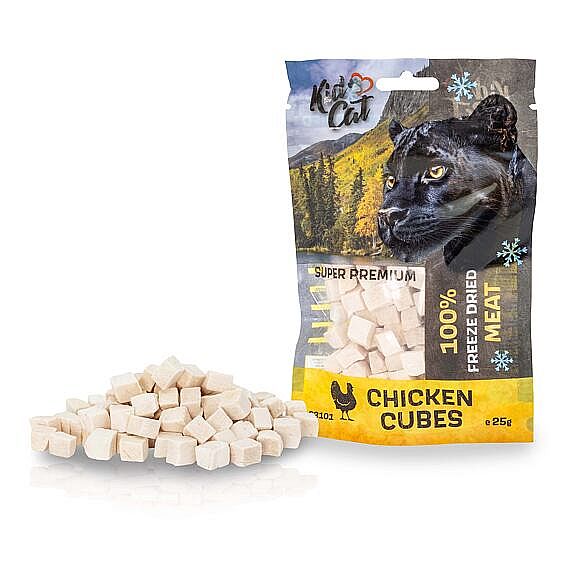 KIDCAT Super Premium 100% Freeze Dried Chicken Cubes – mrazom sušené kuracie mäso pre mačky 25 g 2 + 1