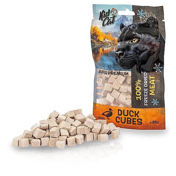 KIDCAT Super Premium 100% Freeze Dried Duck Cubes – mrazom sušené kačacie mäso pre mačky 25 g 2 + 1