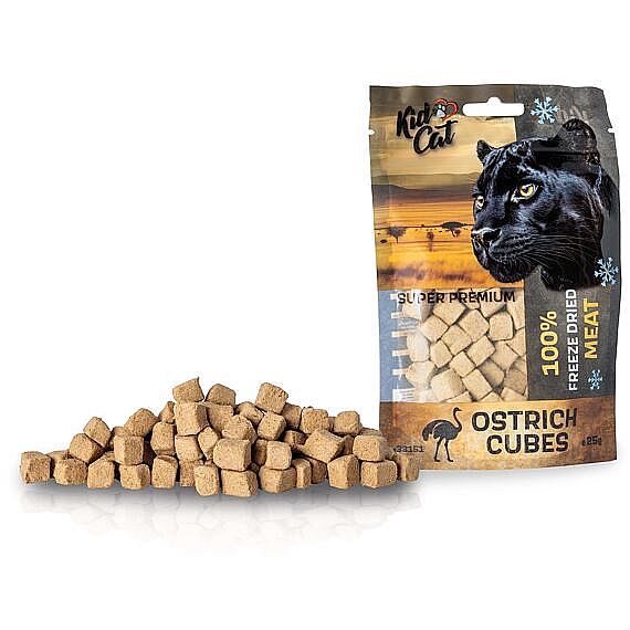 KIDCAT Super Premium 100% Freeze Dried Ostrich Cubes – mrazom sušené pštrosie mäso pre mačky 25 g