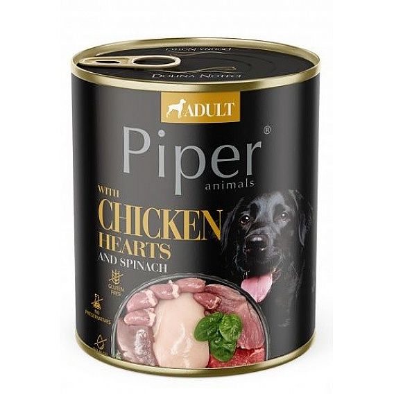 PIPER konzerva pre psov s kuracími srdiečkami a špenátom 800 g