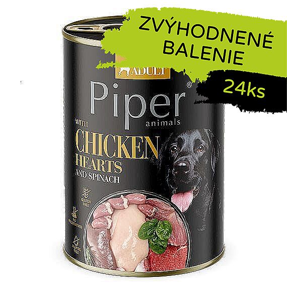 PIPER konzerva pre psov s kuracími srdiečkami a špenátom 24 × 400 g