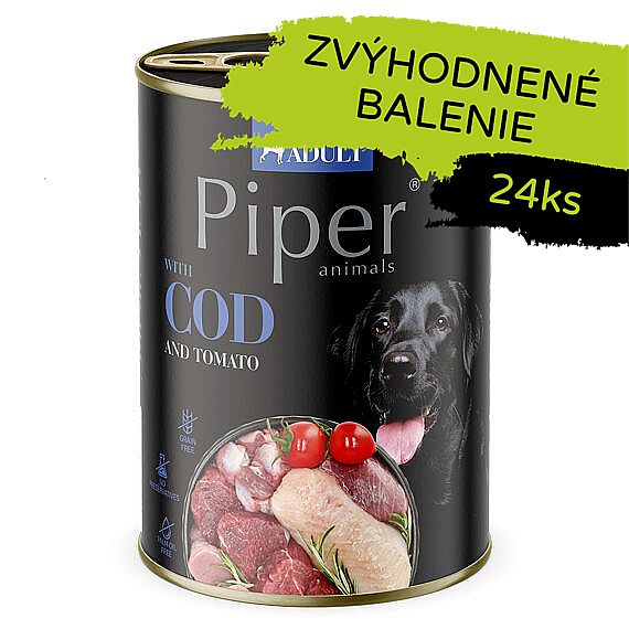 PIPER konzerva pre psov s treskou a paradajkami 24 × 400 g