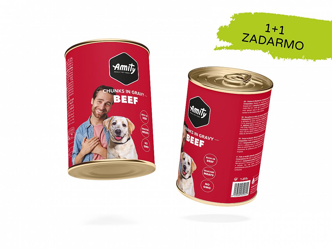 Amity dog konzerva - hovädzie kúsky v omáčke 415g 1+1 zdarma