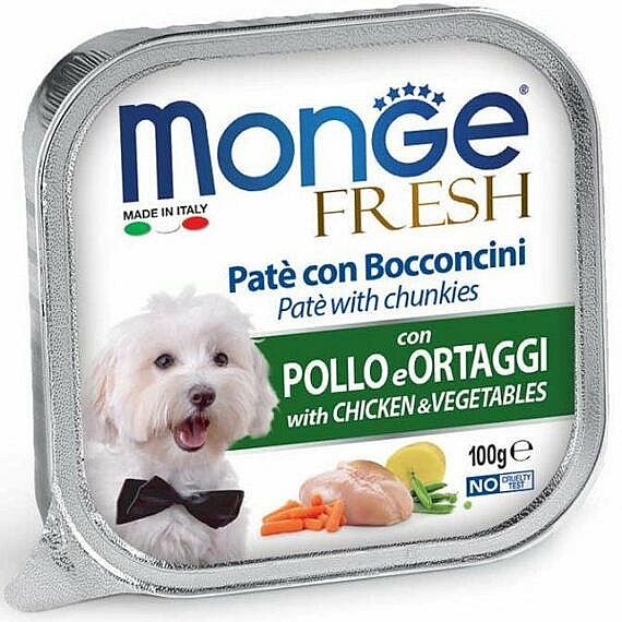 MONGE FRESH - paštika a kúsky s kuraťom a zeleninou 100g pre psov