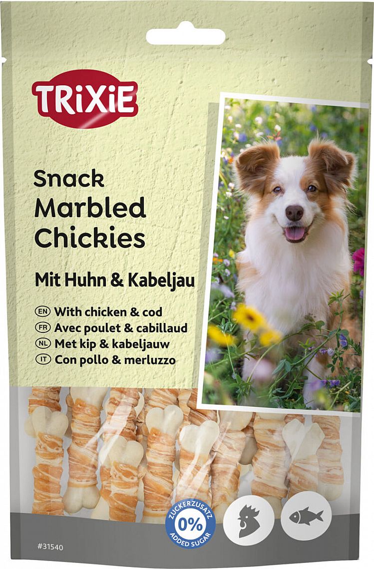 Marbled Chickies, snack kostičky v kuracom mäse s treskou, 100 g