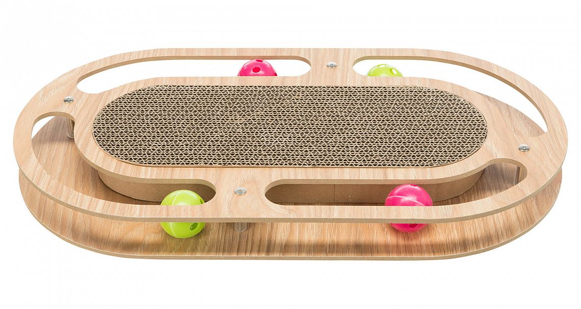 Scratching cardboard with toys, wood, catnip, 46 × 4 × 25 cm