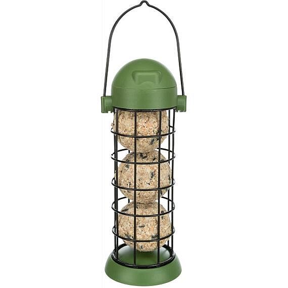 Fat ball feeder w. roof, 3 fat balls, metal/plastic, ø 8 × 22 cm, green