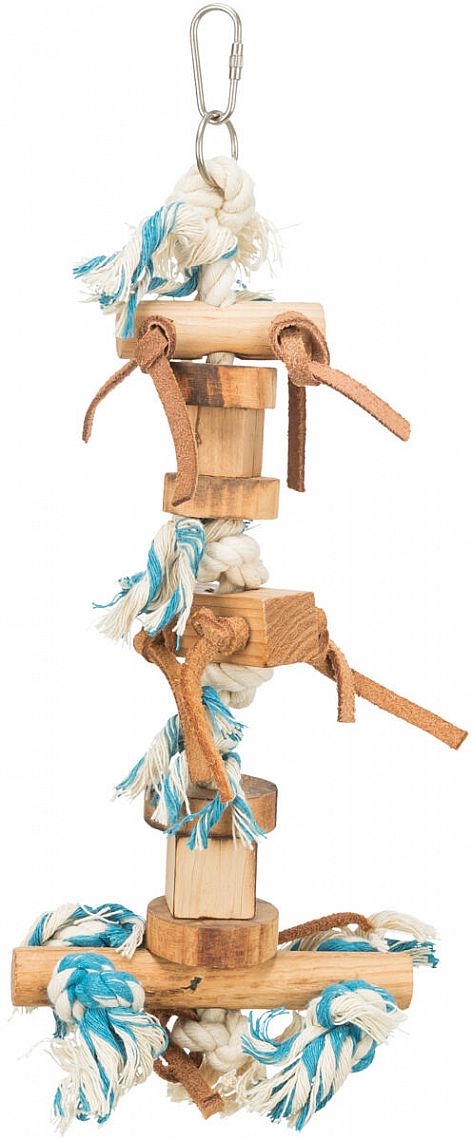 Toy with rope and leather ribbon, wood, coloured, 35 cm