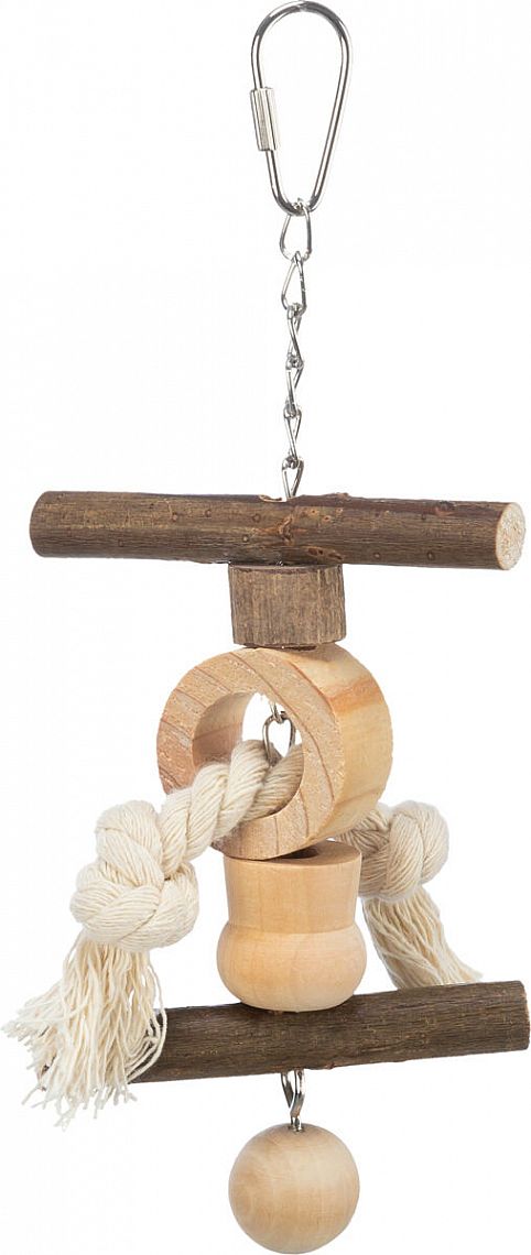 Toy with chain, rope and bell, bark wood, 20 cm