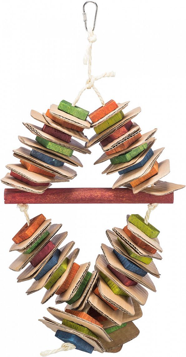Toy on a sisal rope with cardboard, wood, coloured, 18 × 35 cm, multi coloured