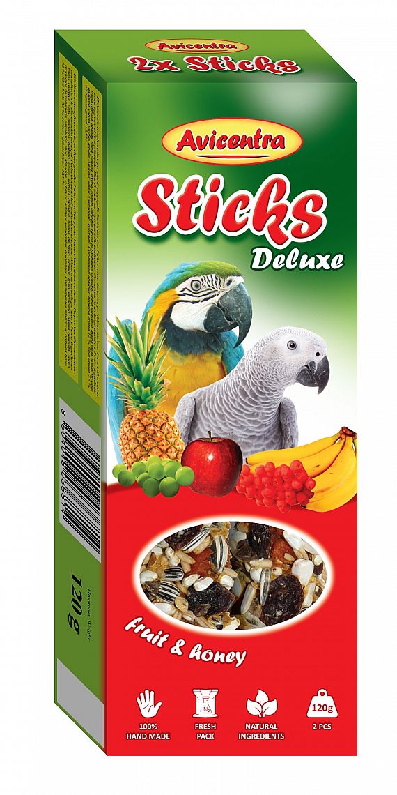 Avicentra Tycinky pre velké papagáje med, ovocie 2ks 120g