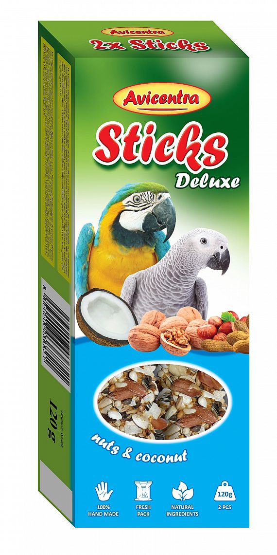 Avicentra Tyciinky pre velké papagáje orech, kokos 2ks 120g